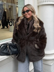 GDDYIN Winter New Year Imitation Fur Coat, Big Collar, Fluffy Waist, Heart-Shaped Buckle Design, Lazy Style Faux Fur Coat - Mocha Brown - View 7