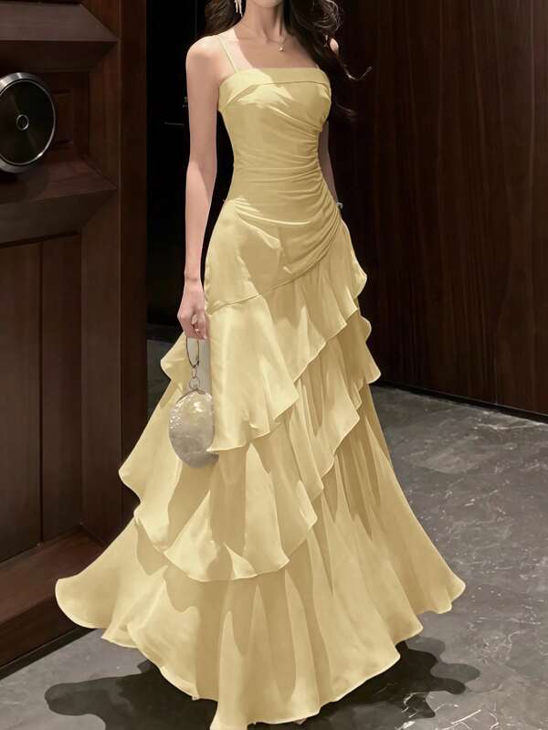 Women Elegant And Chic Butter Yellow Prom Dress Spaghetti Strap Sleeveless Vintage Party Evening Modest Wedding Guest Dress