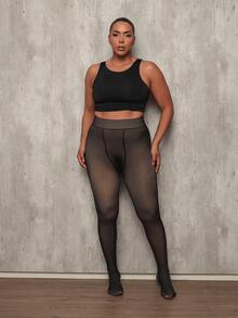 Plus Size 48 To 54 3XL Thermal Plush Pantyhose Lined Translucent Warm Fleece Women's - 黑色 - 查看 4