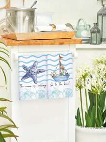 2/4pcs 15.7*23.6INCH Christmas Ocean Theme Kitchen Towels, Beach Turtle Ocean Animal Hand Washing Dish Towels, Blue Shell Starfish Housewarming Gift Kitchen Cooking Decoration, Reusable,Fall Decor,Autumn Decor,Room Decor