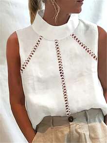 Plus Size Women Solid Color Sleeveless High Neck Loose Lace Trim Blouse