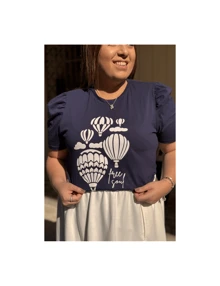 T-shirt Balões Feminina Manga Princesa Plus Size Marinho