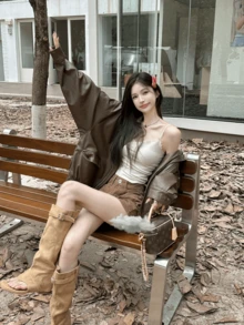 Chaqueta cálida a prueba de viento de moda, informal, para fiestas, de color sólido, para otoño e invierno, estilo con cremallera y bolsillos, ropa de moda vanguardista, chaqueta holgada retro americana, chaqueta de moto de PU - Marrón - Ver 4