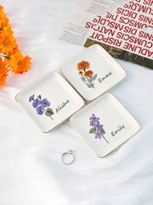 1 Stück personalisierter Blumen Schmuckteller zum Geburtstag - mit Wunschname und Blumen Design aus Keramik, geeignet für Ringe, Ohrringe, Halsketten - elegante Schreibtischdekoration, Muttertag, Brautparty Gastgeschenk, Geburtstagsgeschenk für Tochter/beste Freundin, Schmuckaufbewahrung