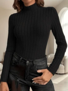 Blusa de gola alta e manga comprida, malha casual de cor sólida com nervuras, uso diário em casa, camiseta elegante primavera outono inverno - Preto - Ver 4