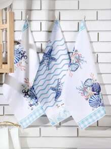2/4pcs 15.7*23.6INCH Christmas Ocean Theme Kitchen Towels, Beach Turtle Ocean Animal Hand Washing Dish Towels, Blue Shell Starfish Housewarming Gift Kitchen Cooking Decoration, Reusable,Fall Decor,Autumn Decor,Room Decor