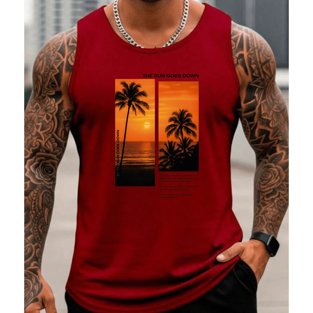 Men's Summer Fashion Tank Top, 100% Cotton, Round Neck - Maroon - View 1