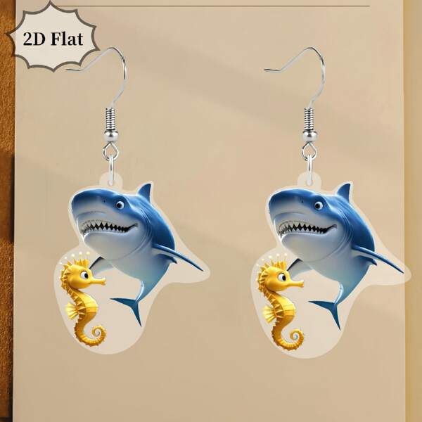Pendientes con diseño plano 2D de tiburón y caballito de mar, pendientes colgantes con temática de vida marina adorable para mujeres, joyería de estilo oceánico de acrílico para vacaciones de verano en la playa