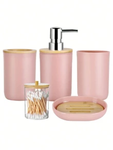 5 件粉色浴室配件套装 - 带牙刷架、乳液皂液器、皂盒、牙刷杯、棉签罐、浴室装饰套装配件，完整夏季返校收纳 - 粉色 - 查看 1