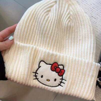 Sanrio Hello Kitty Knitted Hat, Versatile Beanie, Cute Embroidered Knit Hat, KT Cat Knitted Hat, Essential For Keeping Warm In Autumn/Winter