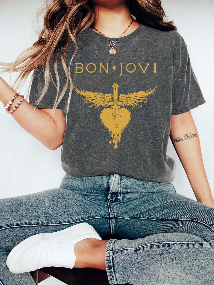 Bon Jovi   Print Casual Round Neck Short Sleeve T-Shirt Tops Women's Summer Tops - 深灰色 - 查看 1