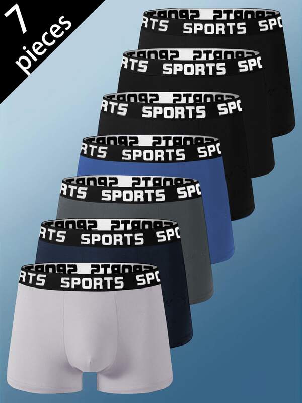 7-Pcs Men's Fashion Solid Color Minimalist Style Ultra High Stretch Letter Waistband For Daily Casual Comfort High-Quality Fabric Boxer Briefs