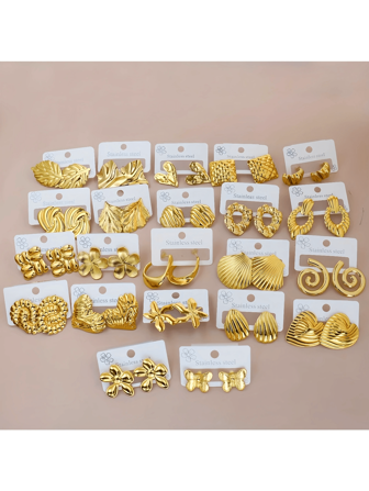 18 Fashionable Earrings With Random, Unique And Retro Stacked Rings, Inlaid With Shiny And Mixed Elements, Made Of Stainless Steel 304, Suitable For Daily Wear And Party Accessories. Factory Direct