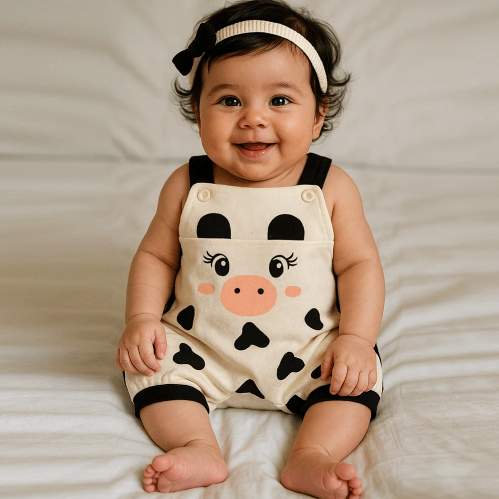 Overalls + Hair Bow Set – Baby Girl Teddy Bear Print Size RN To 3 Months - 米色 - 查看 1