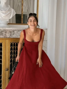 Đầm suông cổ vuông màu trơn, hở lưng, thắt eo thanh lịch dành cho nữ - Màu Đỏ Sâu - Xem 6