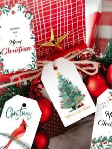 50 قطعة بطاقات هدايا عيد الميلاد DIY، زينة شجرة عيد الميلاد، بطاقات كرافت معلقة بخيوط، عيد الميلاد - متعدد الألوان - مشاهدة 2