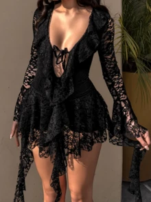 Women Summer Fall Gothic Lace Dark Romance Black Lace Dress, Deep V Plunge Neck, Flared Sleeves, Asymmetric Ruffle Hem, Party Night Outfits - 黑色 - 查看 4