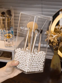 1 件带盖化妆刷架，防尘化妆刷收纳盒，简约塑料方形笔筒和化妆刷收纳桶，透明化妆品收纳，适用于卧室和家居必需品（无珍珠）