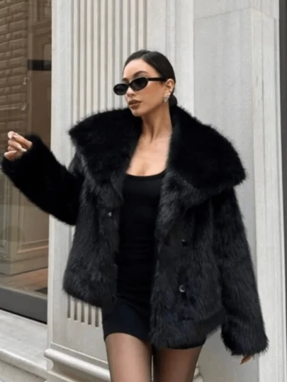 GDDYIN 女士纯色毛绒优雅短款人造毛皮夹克，适合冬季约会和正式场合