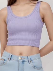 KIT4 Blusa Feminina TOP cropped Simples básico Regata Regata Sólido malha canelada - KIT4 top Cores enviados aleatoriamente - Visão 5