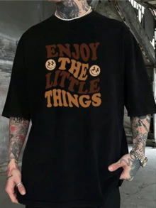 Camiseta negra de moda masculina 220g algodón puro pesado estampado Enjoy the little things texto café cuello redondo manga corta gruesa y cómoda - Negro - Ver 1
