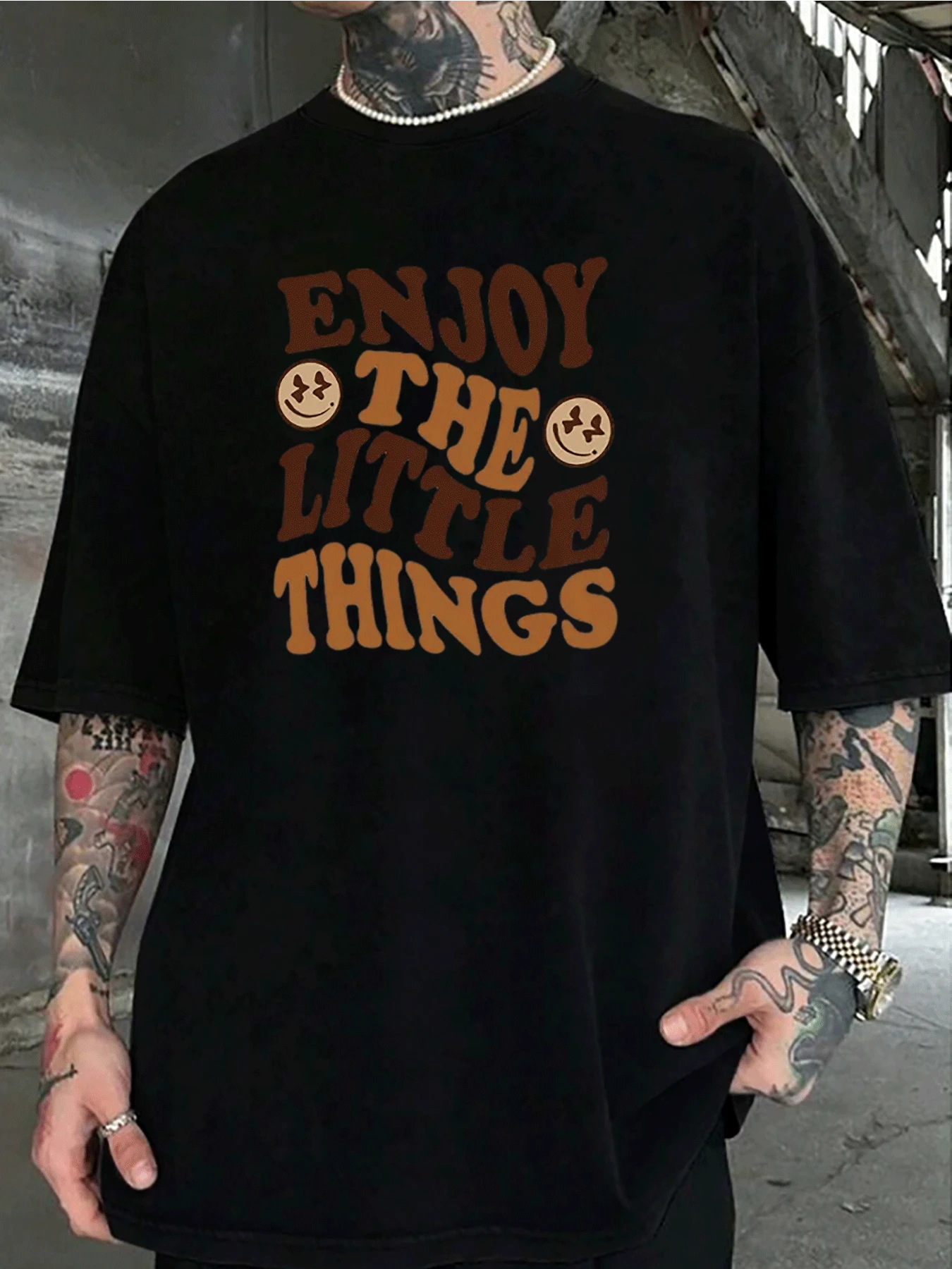 Camiseta negra de moda masculina 220g algodón puro pesado estampado Enjoy the little things texto café cuello redondo manga corta gruesa y cómoda - Negro - Ver 1