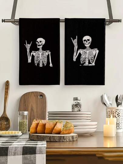2pcs/4pcs/12pcs Halloween Skeleton Pattern Kitchen Towels, Halloween Skeleton Pattern Bathroom Towels, Halloween Outdoor Party Towels, Halloween Home Decor, Modern Style, Quick Drying, Super Soft Microfiber Material, Rectangular, 15.75IN*23.62IN/40*60CM Digital Printing Pattern, Suitable For Outdoor Party Decoration, Halloween Holiday Gifts