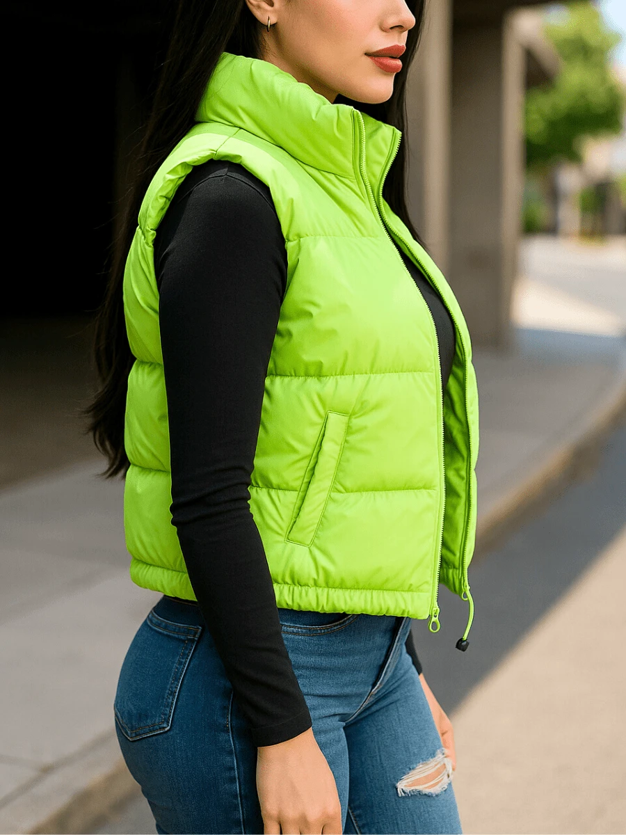 Chaleco tipo puffer sin mangas de mujer con cierre, cuello alto y corte corto en colores neón, estilo urbano casual Interior Afelpado - Verde - Ver 1