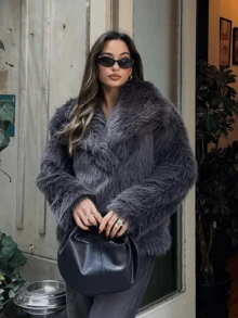 GDDYIN 女士冬季新款纯色仿皮草短款夹克，优雅优质外套，适合晚间约会 - 灰色 - 查看 8