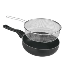 Sartén de aluminio con mango, antiadherente, equipada con una red de filtro desmontable, que facilita el filtrado del aceite, Ideal para freír patatas fritas, pollo frito, servir fideos, Disponible en varias dimensiones, utensilios de cocina, ollas y sartenes - Apto para todo tipo de utensilios y lavavajillas - Negro - Ver 2