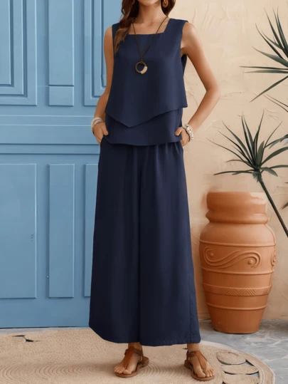 Conjunto Feminino com Regata Decote Quadrado e Calça Larga Cintura Alta Verão ,Design de bainha dupla