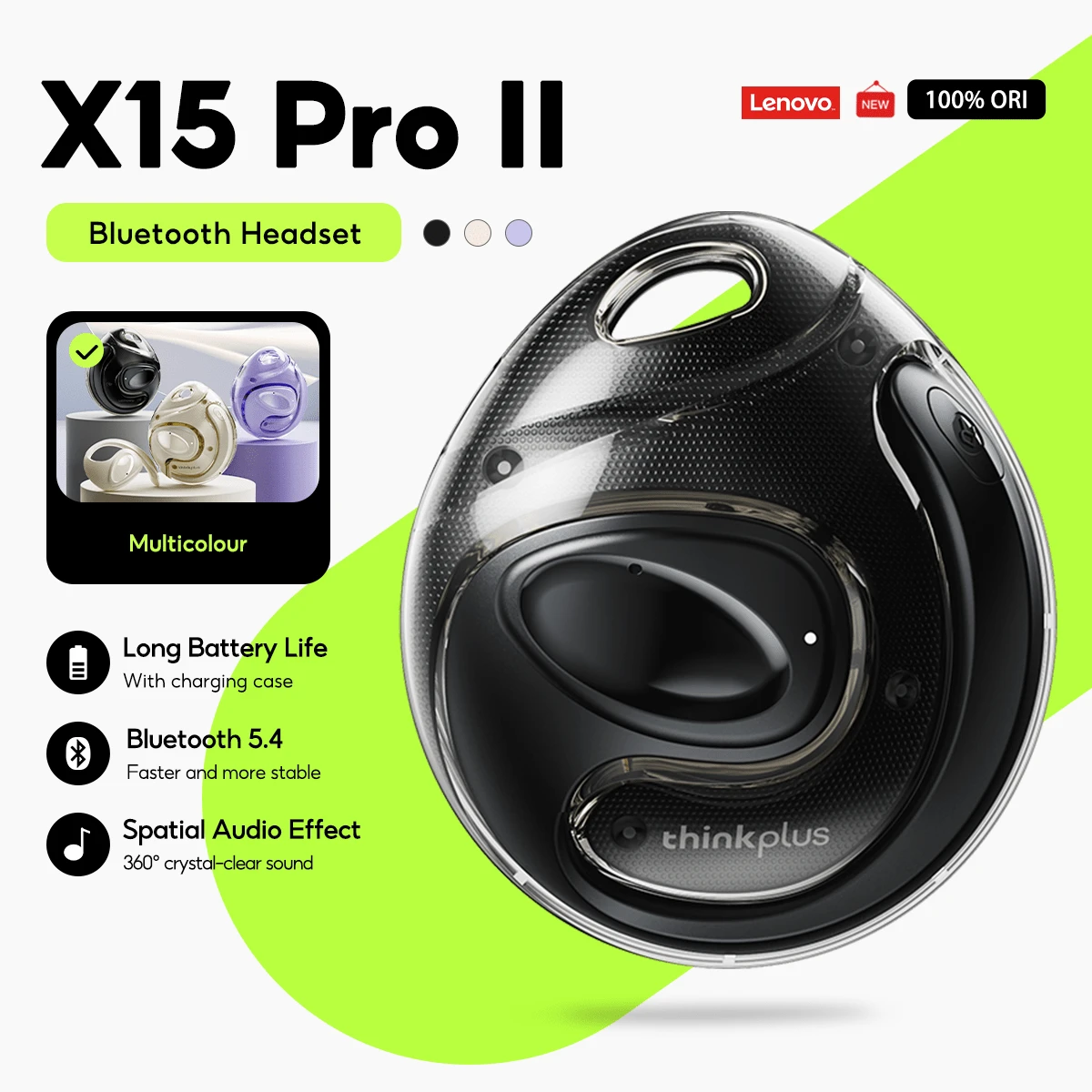 Écouteurs intra-auriculaires Lenovo Thinkplus X15 Pro II Bluetooth 5.4 Crochet d'oreille sans fil Écouteurs de sport Étanchéité HD Appel musical Tactile intelligent avec micro - Taille Unique - Voir 1