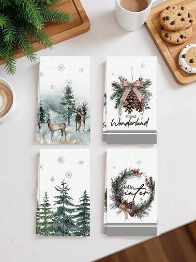 180pcs/Set Christmas Theme Hand Towels, Snowfield Reindeer & Wreath Pattern, Suitable For Christmas Living Room Decor, Christmas Atmosphere Hand Towel Decor, Christmas Party Decoration, Christmas Party Restaurant Decor, Party Atmosphere Decoration