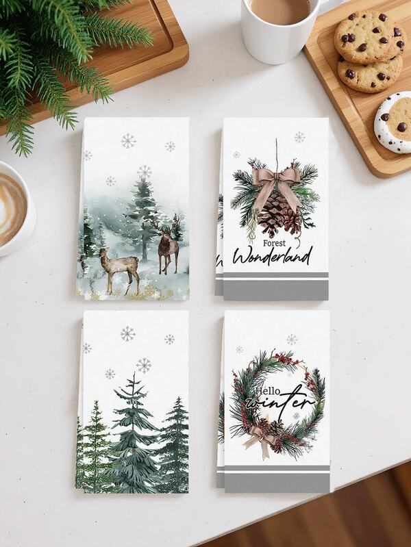 180 piezas/Set Toallas de mano con tema navideño, patrón de campo nevado, renos y coronas, adecuado para decoración navideña de la sala de estar, decoración de toallas de mano para ambiente navideño, decoración de fiesta de Navidad, decoración de restaurante de fiesta de Navidad, decoración de ambiente de fiesta