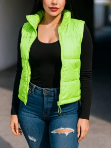 Chaleco tipo puffer sin mangas de mujer con cierre, cuello alto y corte corto en colores neón, estilo urbano casual Interior Afelpado - Verde - Ver 2