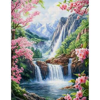 JOZYSH 1 PIEZA Sin marco 30 * 40cm/11.8 * 15.7in, Vista de cascada, Juego de bordado de punto de cruz impreso 11CT/14CT, Adecuado para adultos y principiantes para hacer fácilmente el juego de bordado de punto de cruz, Perfecto para la decoración de paredes del dormitorio y la sala de estar, Regalos incluyen lienzo impreso, agujas, hilo, dibujos e instrucciones.