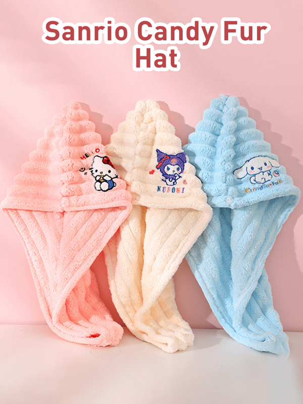 Gorro de pelo seco Sanrio Candy Fur, diadema súper absorbente con bordado de dibujos animados, 65 cm x 25 cm, bordado tridimensional, aspecto adorable, encanto infantil, alta capacidad de absorción de agua, protege el cabello, fácil de envolver, material suave, no se cae ni se decolora, artesanía selecta, tejido de fibras largas, perfecto para niños y adultos, esencial para el baño, alternativa al gorro de ducha, toalla para secar el cabello, accesorios de baño, regalo para los amantes de Sanrio.