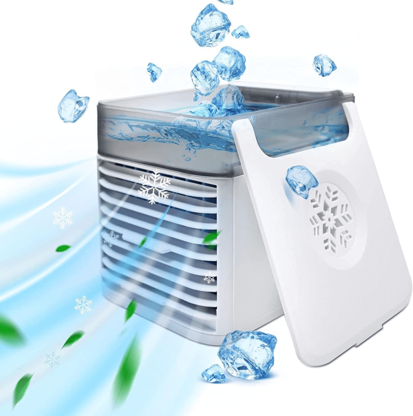 Kynley Aire Acondicionado Portátil Silencio, Mini Enfriador de Aire, 4 en 1 Ventilador Purificador de Aire y Humidificador con 7 Luces y Depósito de agua Led para Hogar Oficina