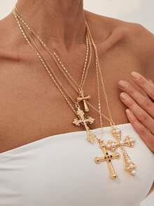 4 件套赛博朋克优雅街头风格仿珍珠彩色水钻心形十字架项链套装，多层吊坠项链时尚配饰女士 - 銀色 - 查看 12