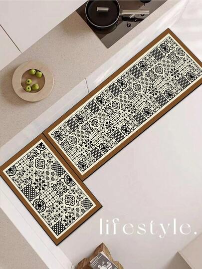 A Square Pattern Composed Of A Combination Of Milky White, Deep Brown, And Black Colors, Along With Various Floral Motifs, With A Classic And Elegant Style; It Is A Cushioning Anti-Fatigue Carpet With A Thickness Of About 3 Mm