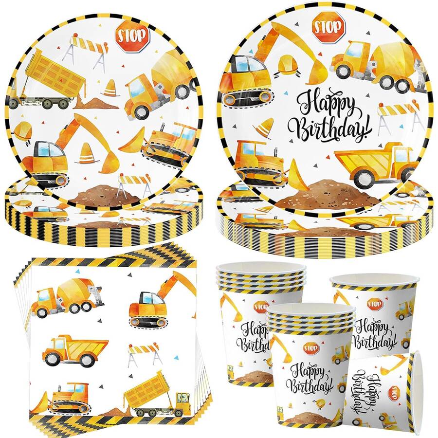 10pcs/50pcs/80pcs Construction Theme Birthday Party Decoration Set, Includes Plates, Cups, Napkins, Utensils, Perfect Choice For Birthday Party - Multicolor - View 1