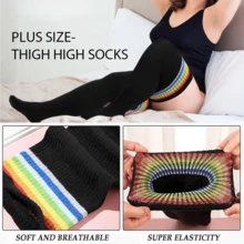 Plus Size Women Thigh High Socks For Thick Thighs- Extra Long Striped Thick Over The Knee Socks- Leg Warmer Boot Socks, Women Knit Cotton Extra Long Over The Knee-High Socks - 黑色 - 查看 6