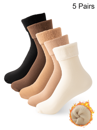 5 Pairs Of Women's Winter Solid-Color Warm And Thick Mid-Calf Socks, Suitable For Both Casual And Fashionable Outfits., Fall Socks