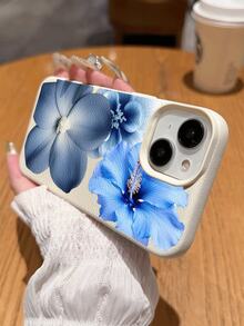 1 pieza Funda protectora suave y antideslizante para teléfono con patrón floral azul y textura de litchi, a prueba de agua y caídas, compatible con teléfonos Apple - Multicolor - Ver 4