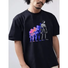 Men's Skull Afterimage Geometric Print Short-Sleeve T-Shirt - 100% Cotton 180g Lightweight Summer Tee With Vibrant Purple & Blue Design, Casual Round Neck Top For Outdoor Activities, Casual Attire - 黑色 - 查看 1