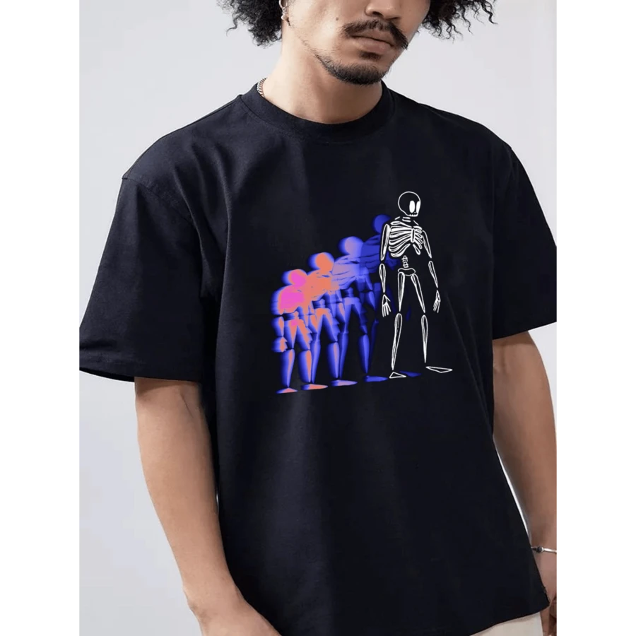 Men's Skull Afterimage Geometric Print Short-Sleeve T-Shirt - 100% Cotton 180g Lightweight Summer Tee With Vibrant Purple & Blue Design, Casual Round Neck Top For Outdoor Activities, Casual Attire - 黑色 - 查看 1