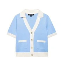 Seelio 夏季新品女装时尚简约拼接针织翻领短袖开衫 - 藍色 - 查看 10