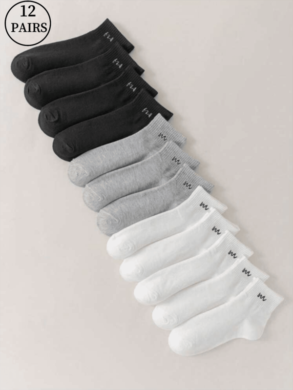 12 pares de meias pretas, brancas, cinzas e tricolores misturadas com letras, simples e versáteis para o dia dos esportes e o dia no campus, macias, agradáveis à pele, confortáveis, respiráveis, masculinas e femininas