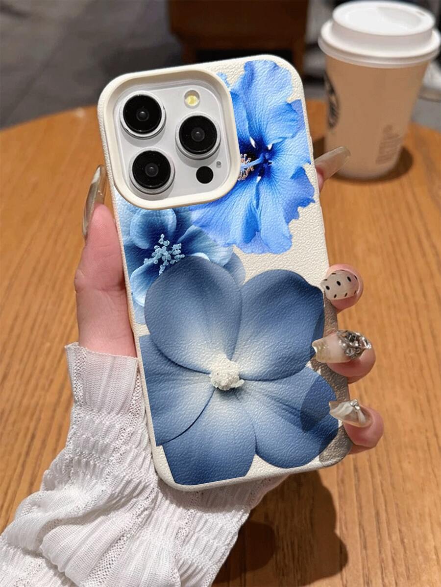 1 pieza Funda protectora suave y antideslizante para teléfono con patrón floral azul y textura de litchi, a prueba de agua y caídas, compatible con teléfonos Apple - Multicolor - Ver 1