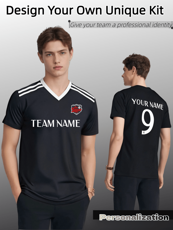 Custom Men's Football Training Top, Personalized Name & Number Printing (Front/Back), Quick - Dry Breathable Sports, Black V - Neck With White Stripes Design, Inspired For Soccer, Volleyball, Casual Wear, Customizable Sports Jersey